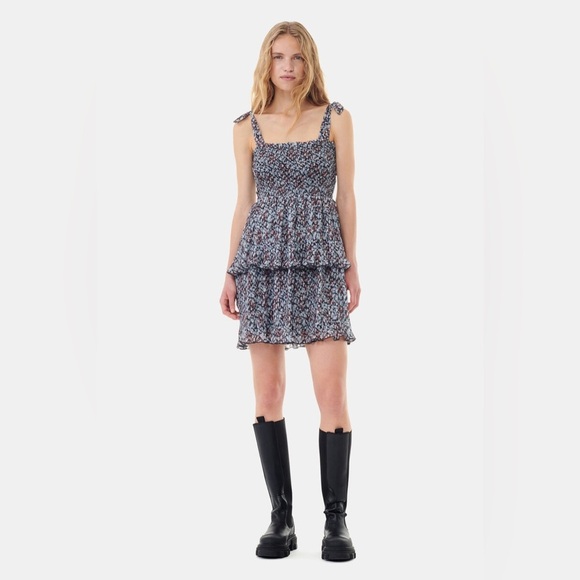 Ganni Printed Pleated Georgette Mini Dress Phantom Size 4 US - Picture 1 of 11